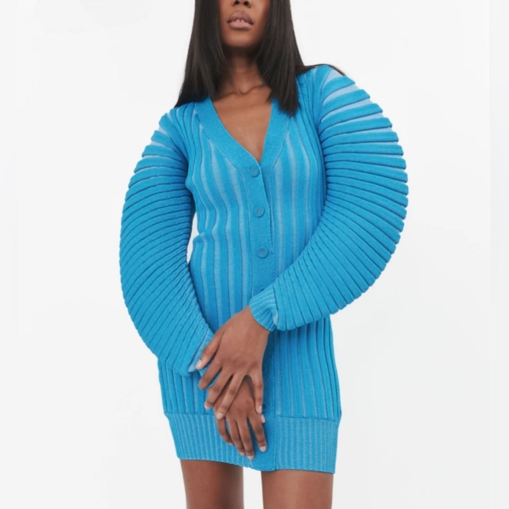 FUMI Iris Mini Dress Blue Ribbed Knit Exaggerated Sleeve NWT 2XL - Picture 4 of 10